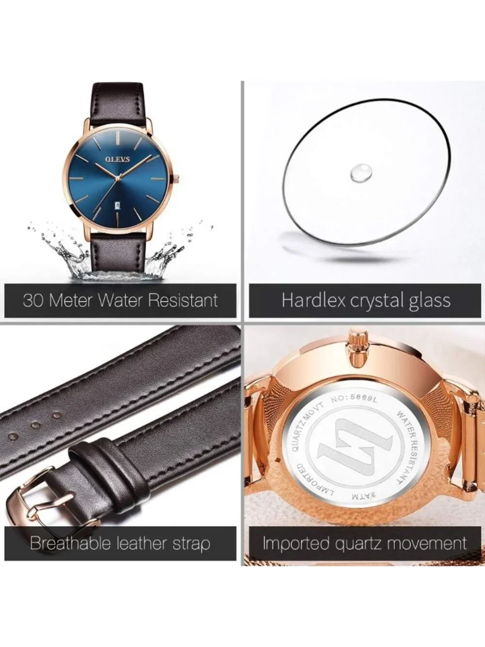 Women's Navy Blue dial & Rose gold bezel & Dark Brown Classic Dress Wrist Watch